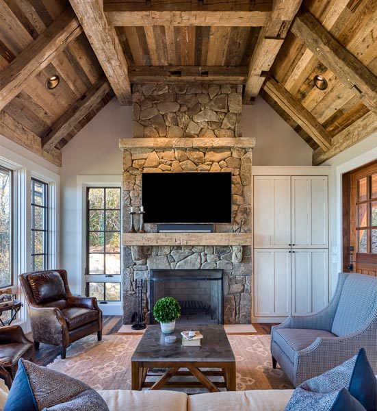 Ceiling Rafters and Stone Fireplace