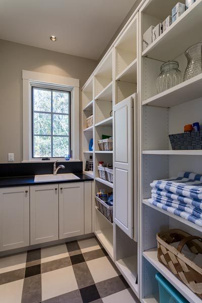 Custom White Pantry Shelving and Cabinets