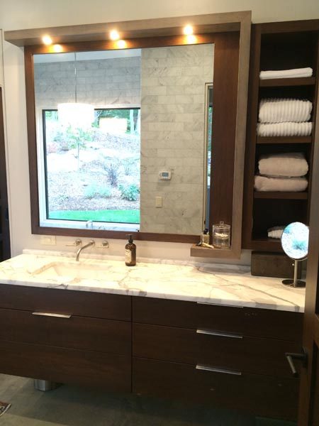 Marble Bathroom Counter Top & Wood Cabinetry