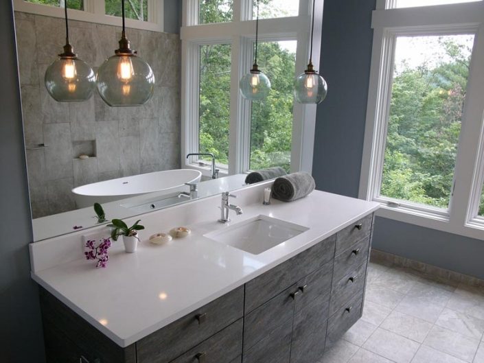 White Marble and Grey Stained Wooden Cabinet Built By Garner Woodworks